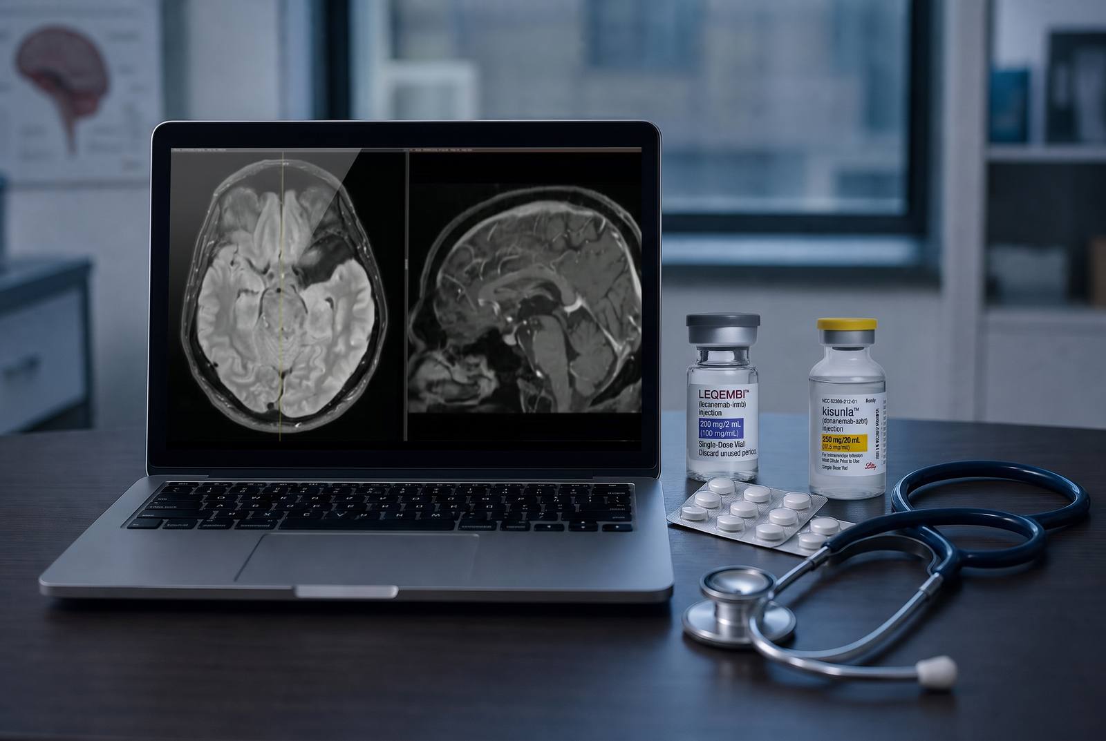 Mesa de consultório com exames de ressonância magnética do cérebro e medicações